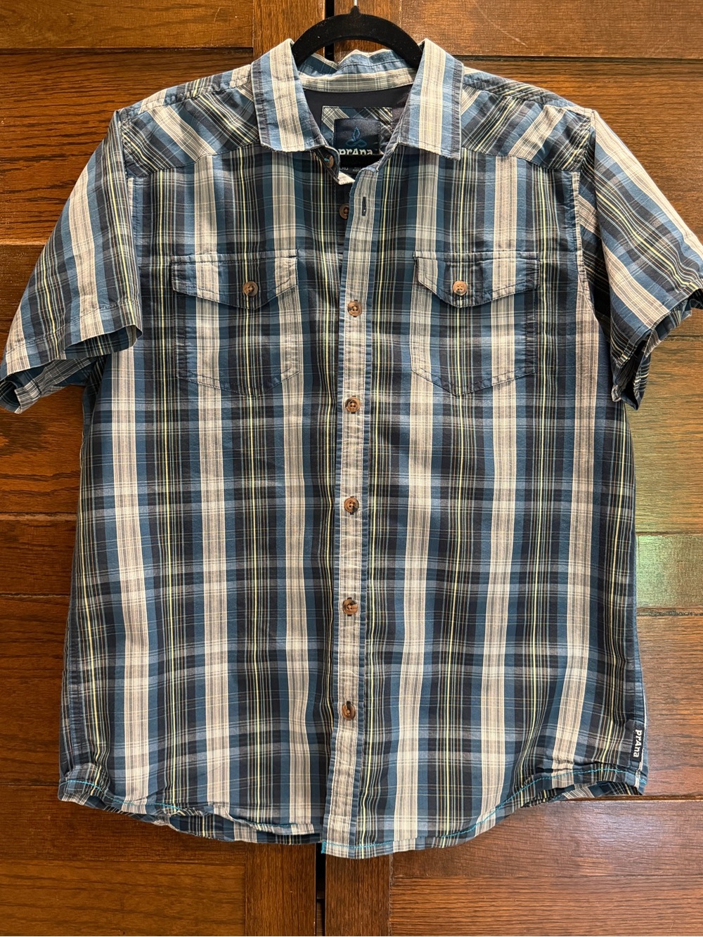 Prana Men's large Short-Sleeve Plaid Button-Down Shirt Blue summer lightweight